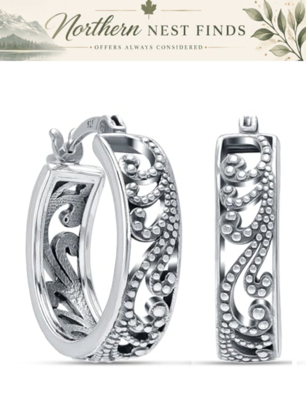 925 Sterling Silver Filigree Hoop Earrings Lightweight Hypoallergenic